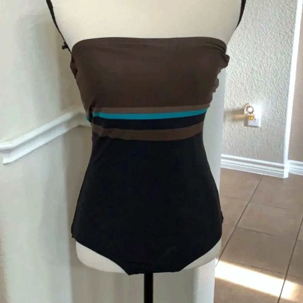 DKNY Brown Black Strapless One-Piece Swimsuit with Teal Accent - Picture 6 of 7